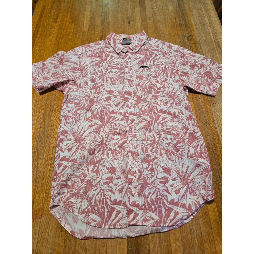 Columbia Men XS Pink Tropical Palm Leaf Print Short Sleeve Button Down Shirt